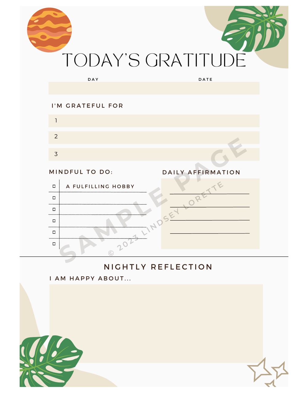 A sample Today's Gratitude page from The Divine Gratitude Journal, with space to write three things you're grateful for, one mindful to-do, a daily affirmation and the nightly reflection.